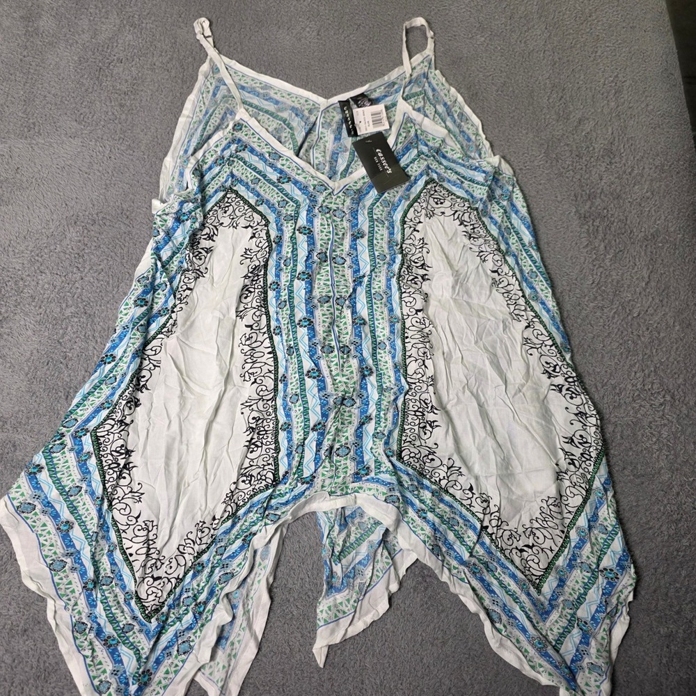 Cassee's Womens 3X Tank Top Ivory Blue Geometric Handkerchief Hem RA8943X NWT